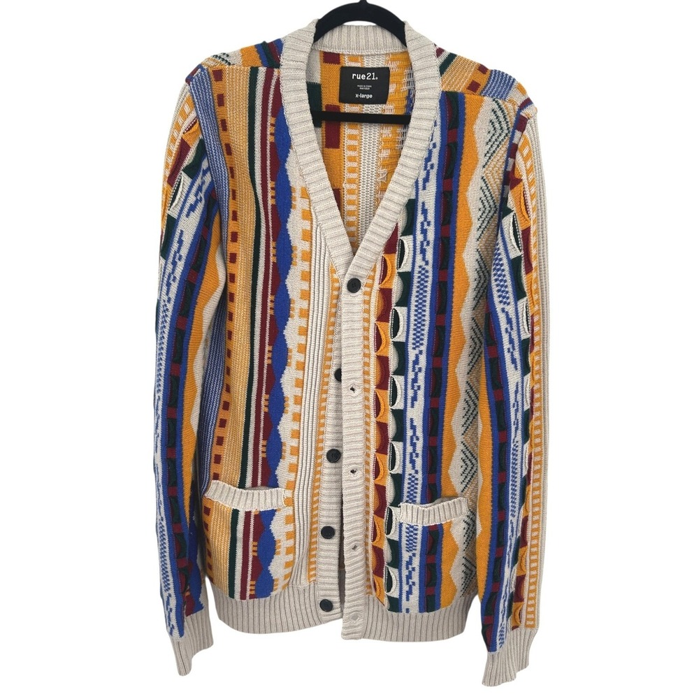 Grandpa‎ 3D Knit Patterned Cardigan XL Colorful Stripe Indie Boho Artsy Textured